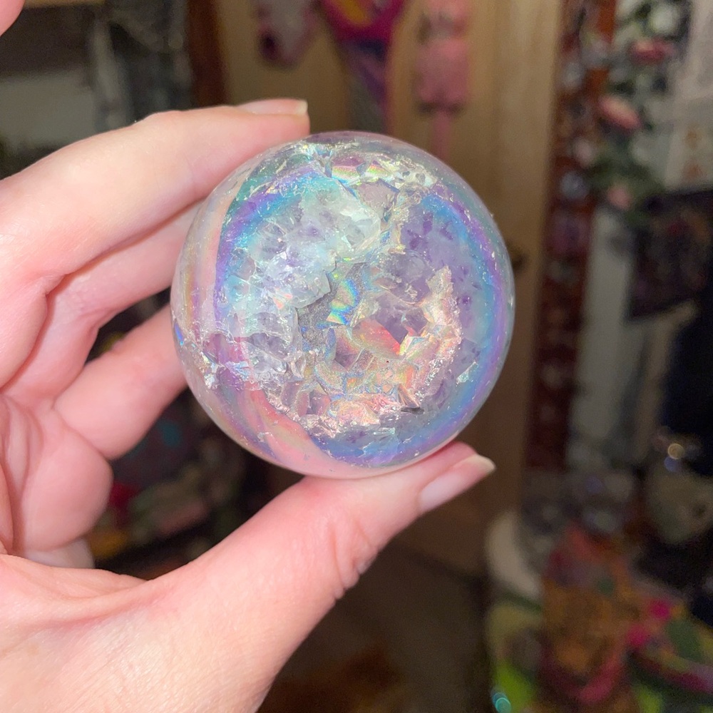 Aura sphere with druzy and pretty agate banding